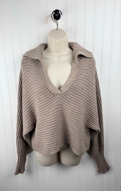 Elan Sweaters - Slouchy Taupe Chunky Knit Sweater Women’s Small Oversized V-Neck Collared